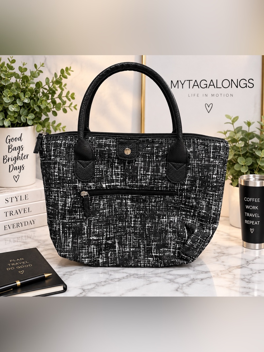 MYTAGALONGS Mini Commuter Tote Black White Tweed Neoprene Organizer
